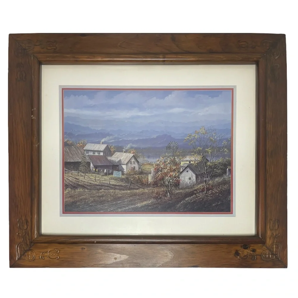 Vintage Picture Farmhouse Cottage Amish Country Hand Crafted Engraved Wood Frame